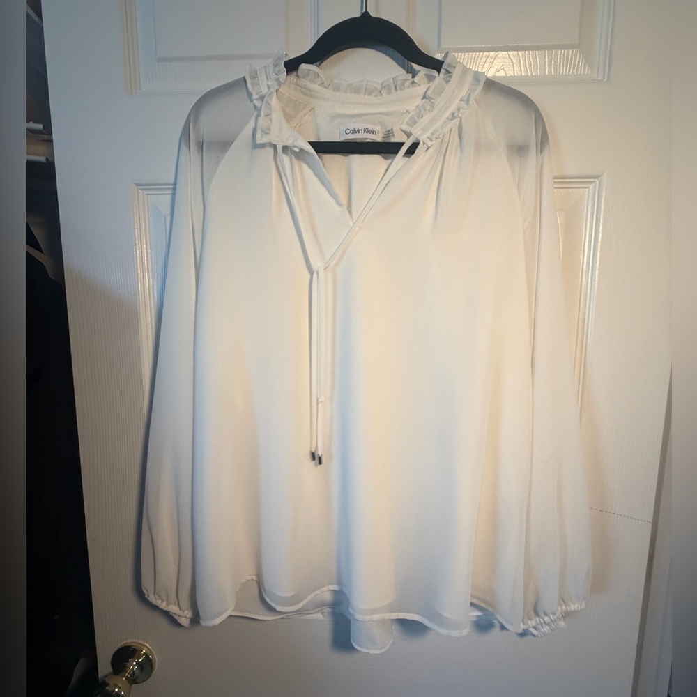 Calvin Klein White Ruffle-Neck Tie-Front Blouse